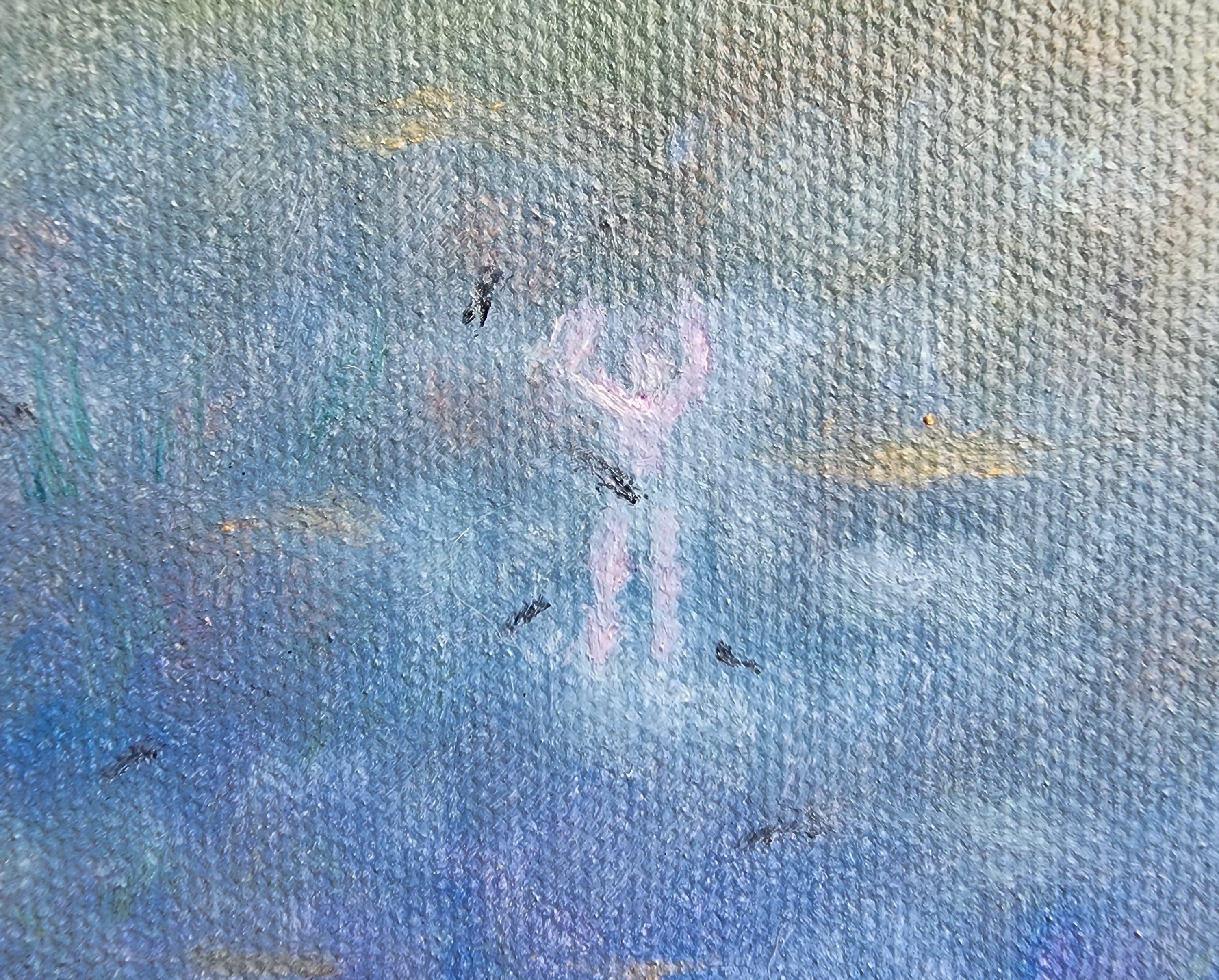 Abstract painting with blue, green, and purple hues on a textured surface.