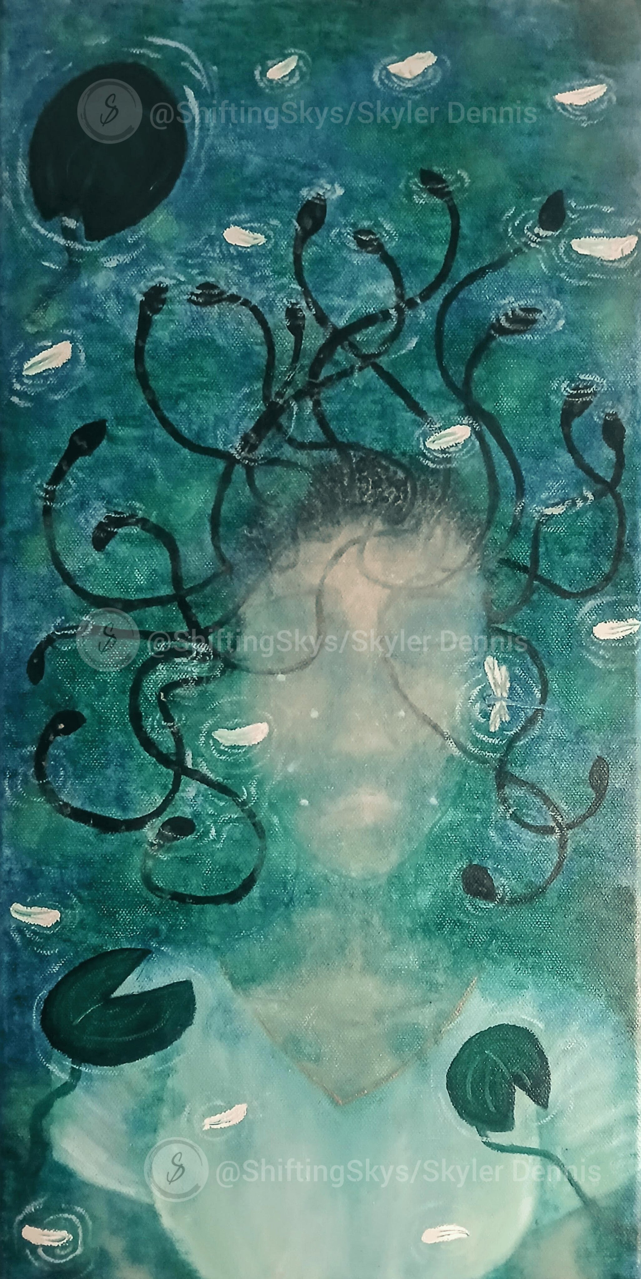 Artistic depiction of a person underwater with aquatic plants and a dark object above.