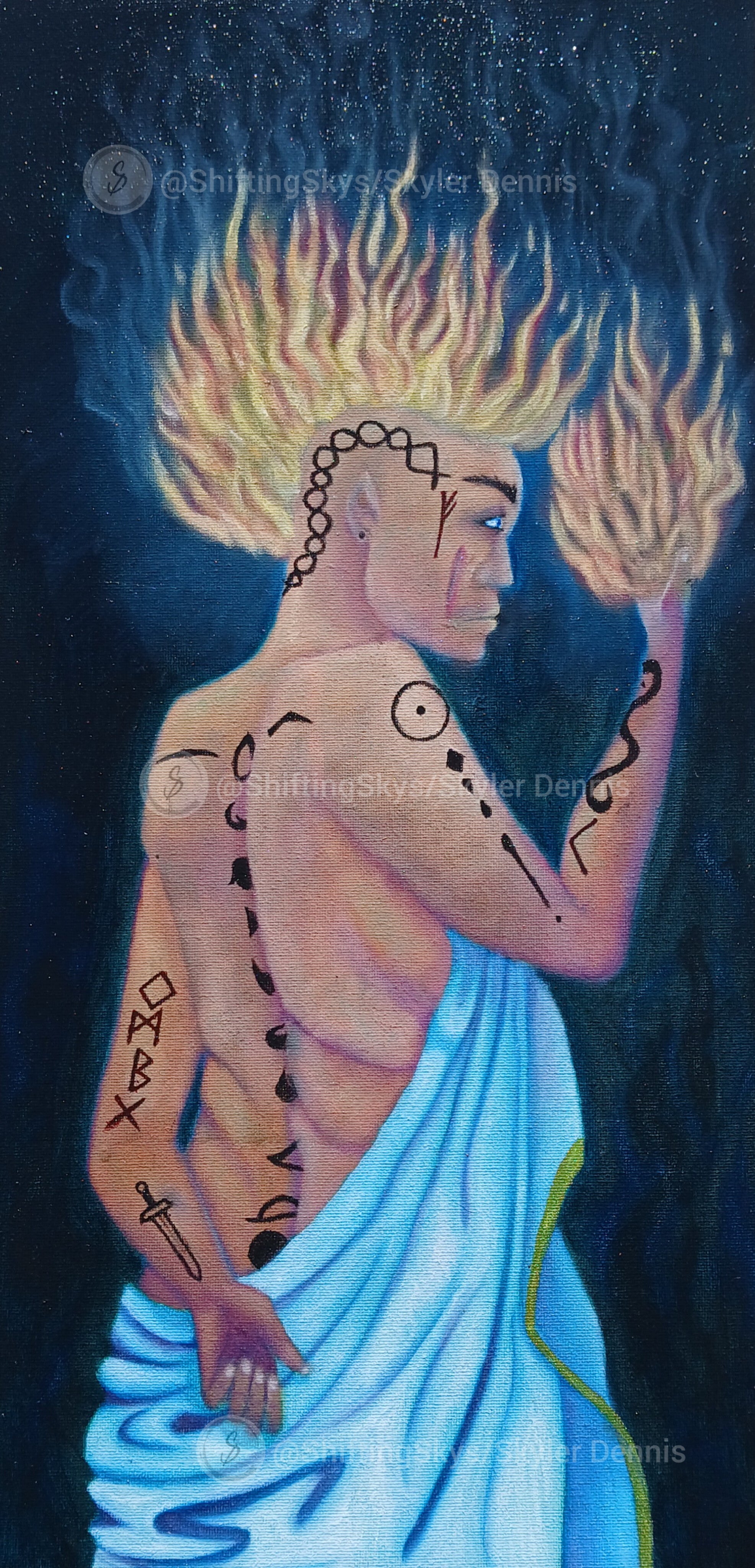 Artistic depiction of a person with fiery hair and tattoos, wearing a blue garment against a dark background.